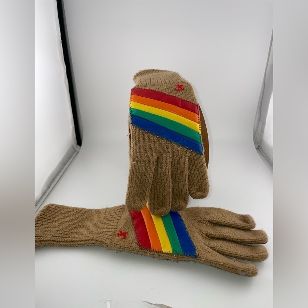 Vintage 1970’s Retro Leather Polyester Women’s Rainbow Gloves small - Picture 7 of 9